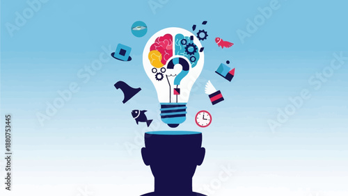 Creative ideas emerging from a person's mind as colorful icons and symbols surround a glowing lightbulb
