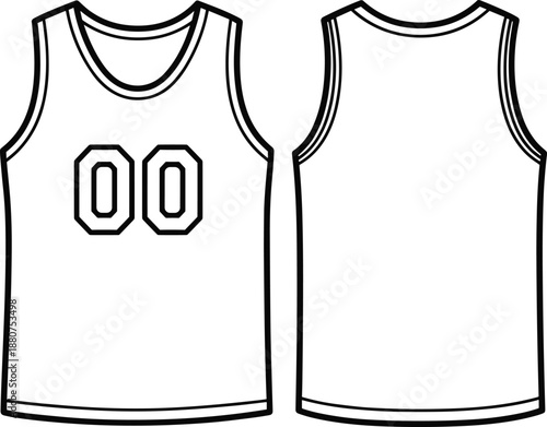 Vector Technical Sketch of a Men's Basketball Jersey Featuring Front and Back Views with Contrast Binding and Number 00 Placeholder for Sports Apparel Design Template