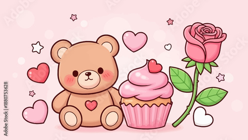 Cute Teddy Bear, Pink Rose, and Cupcake with Hearts - Valentine's Day Theme