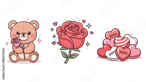 Cute Teddy Bear, Rose, and Heart Candies - Valentine's Day Illustration Set