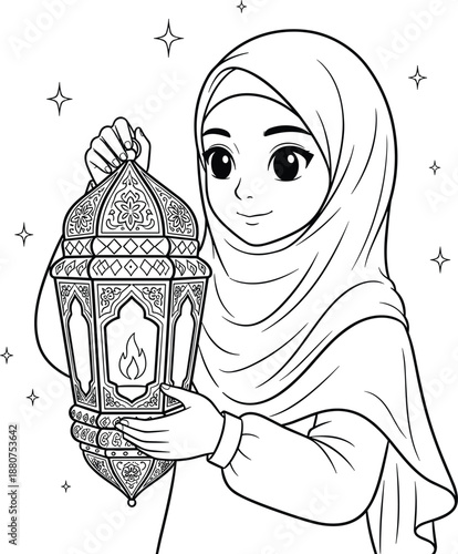 Anime Style Vector Illustration of a Young Muslim Girl in Hijab Holding a Large Ornate Ramadan Lantern Surrounded by Twinkling Stars for Islamic Holiday Coloring Book and Design