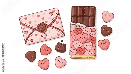 Cute Valentine's Day Chocolate Hearts and Love Letter Illustration