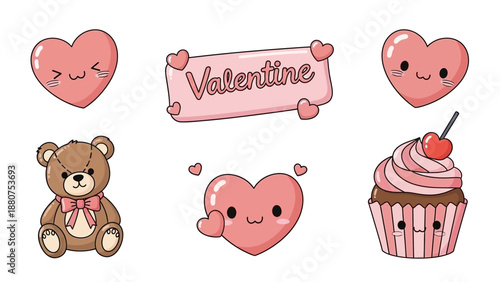 Cute Valentine's Day Collection: Hearts, Teddy Bear, Cupcake, and Banner