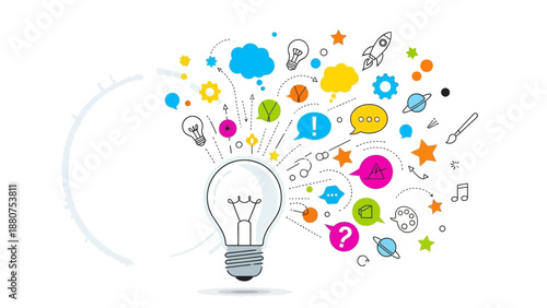 Creative ideas and inspiration emerging from a lightbulb surrounded by colorful symbols and icons in a conceptual illustration