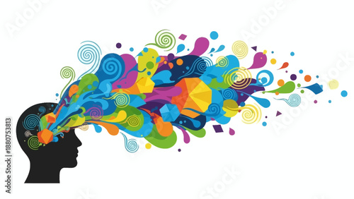 Vibrant illustration of a human head with colorful imagination bursting out, viewed from the side