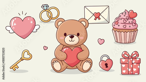 Cute Valentine's Day Icons: Teddy Bear, Hearts, Rings, Gift, Cupcake, Key, Envelope