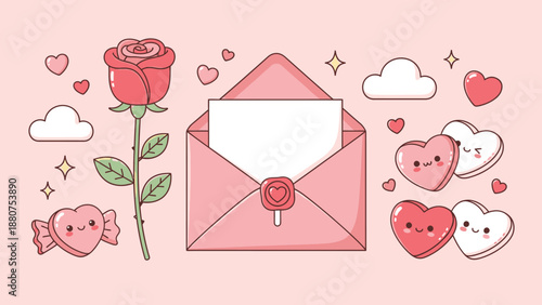 Cute Valentine's Day Illustration with Rose, Envelope, Hearts and Sweets