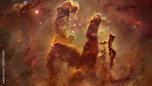 Majestic cosmic pillars of gas and dust in starry nebula landscape