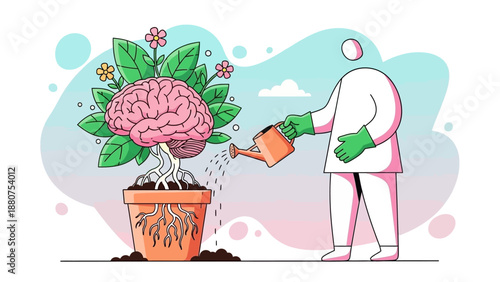Nurturing Growth Illustration of Human Brain Plant being Watered by Scientist