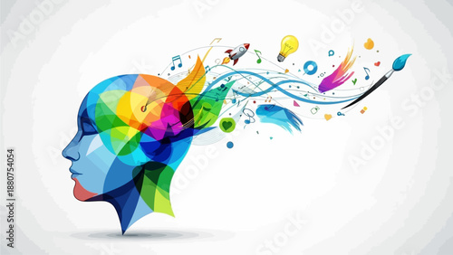 Vibrant illustration of human head with colorful creative elements flowing out, showcasing imagination and artistry