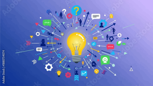 Creative ideas and innovation represented by a glowing light bulb surrounded by various colorful symbols and icons