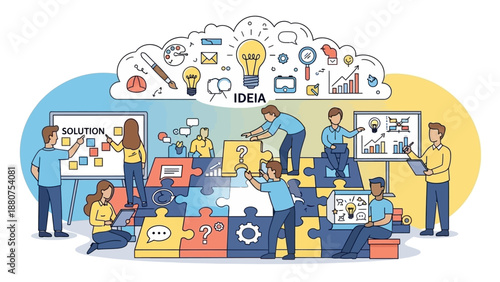 People collaborating on project with diverse ideas and brainstorming session in modern workspace environment from overhead viewpoint