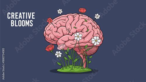 A creative brain with flowers and butterflies emerging from it in a vibrant scene