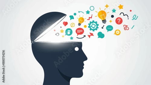 Human head profile with innovative ideas and symbols emerging from the mind