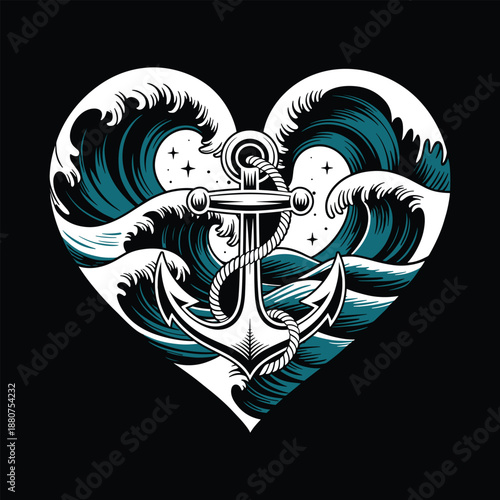 Nautical anchor heart illustration vector design with sea waves and stars on black background