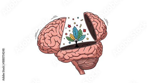 Human brain illustration with open section revealing a brain fragment with colorful shapes inside, depicted in a scientific view.