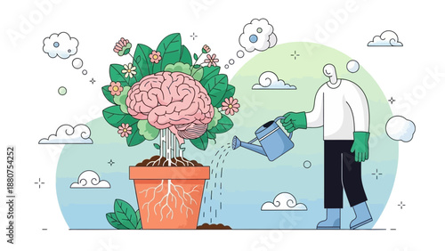 Person watering a brain plant in a pot with green leaves and flowers