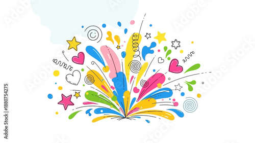 Vibrant Celebration Erupts with Confetti and Stars in Joyful Atmosphere from Direct Viewpoint