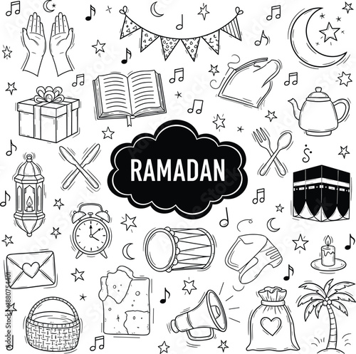 Vector Hand Drawn Doodle Set for Ramadan Featuring Islamic Symbols Kaaba Mosque Lanterns Prayer Hands Quran Book Traditional Food Drum and Decorative Elements for Holiday Design