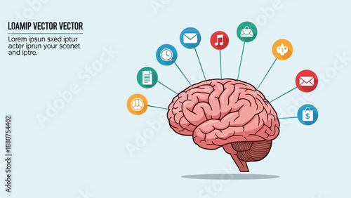 Human Brain Illustration with Social Media Icons and Symbols Surrounding it in a Modern Flat Design Style