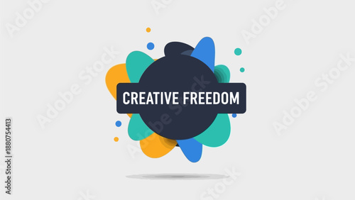Creative freedom concept illustration featuring abstract shapes surrounding a central emblem with bold typography