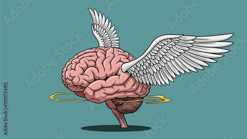 Illustration of a human brain with wings flying freely in a creative mental space viewpoint