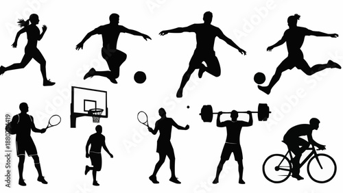 Silhouettes of people engaging in various sports and fitness activities