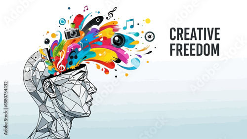 A human head profile with vibrant creative elements bursting out, symbolizing freedom of expression and imagination in a colorful illustration