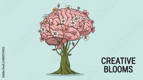 Creative ideas blossoming into colorful flowers on a tree shaped like a human brain