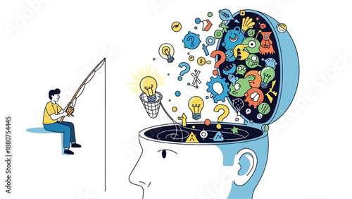 Man sitting on edge fishing out thoughts from a giant head filled with ideas and question marks