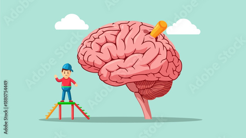 A person climbs a giant brain with a key, symbolizing intellectual insight and problem-solving skills