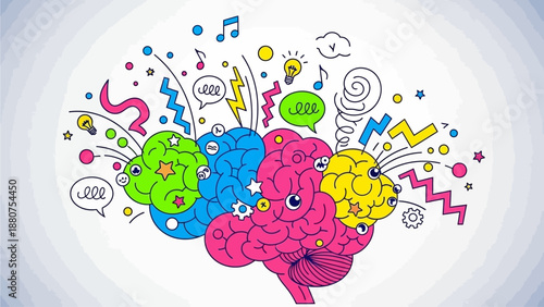 Vibrant illustration of a brain with colorful thoughts and ideas emerging from it in a creative explosion of imagination
