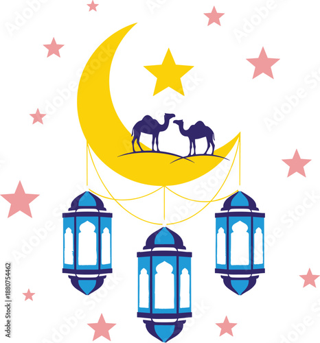 Vector Illustration for Ramadan Kareem Featuring Three Blue Hanging Lanterns a Yellow Crescent Moon with Camel Silhouettes and Pink Stars for Islamic Holiday Decoration