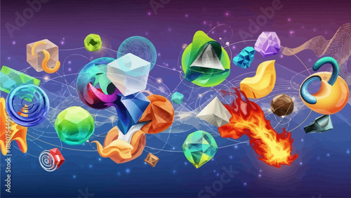 Vibrant elements float in space amidst stars and cosmic dust in digital art