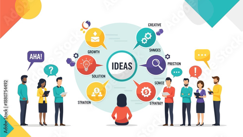 Diverse group brainstorming ideas together standing relaxed atmosphere