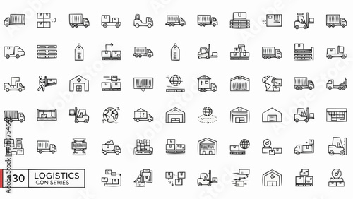 Logistics icons set including trucks warehouses and shipping containers on white background