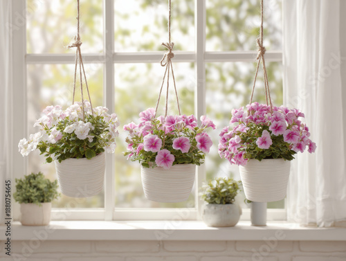 Hanging flower pots with vibrant blooms create cozy home decor atmosphere near window, enhancing natural light
