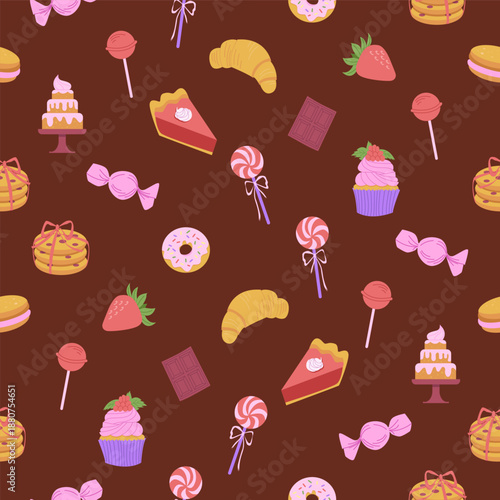 Pastry, sweets seamless pattern with сookies, piece of pie, donut, candy, chocolate, cupcake, cake. Flat vector illustration.