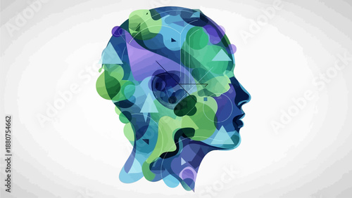 Creative Human Head with Vibrant Abstract Artistic Elements and Multiple Facial Expressions