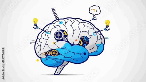 Illustration of human brain with gears and light bulbs surrounded by abstract mechanical parts from a frontal viewpoint