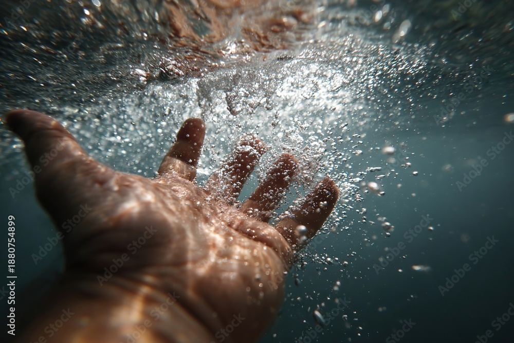 Fototapeta premium Underwater view of a human hand reaching out through bubbles and ripples in a blue aquatic environment, showcasing the fluid dynamics of water and light interaction