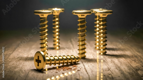 A group of gold metal screws standing and lying against a textured wood grain background, with dramatic lighting and shallow depth of field.