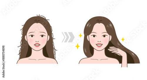 Cartoon-style before-and-after hair transformation with frizzy and smooth styles, sparkles, and arrows.