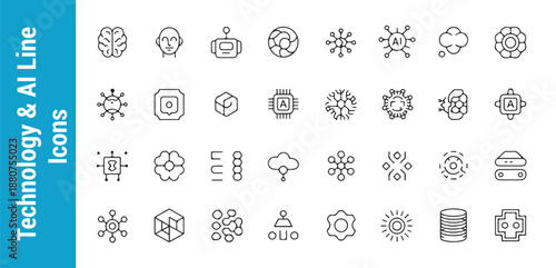 Technology and ai line icons set with diverse symbols representing deep learning models and geometric data nodes