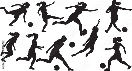 Set of female football players in silhouette illustration for sports design