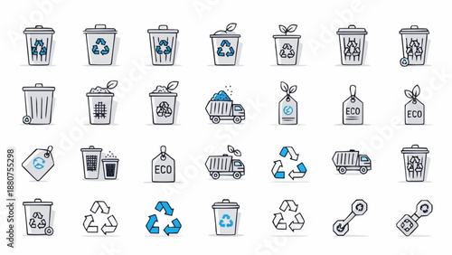 Eco friendly waste management icons set with recycling symbols and trash cans