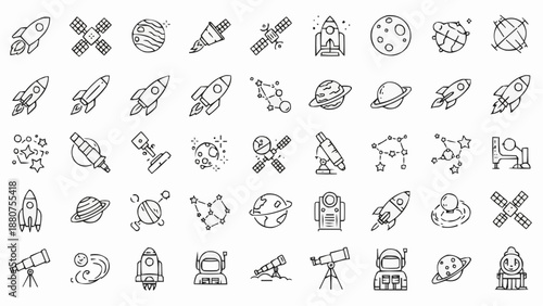 Space icons set with rockets planets and telescopes on white background