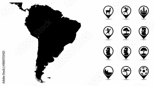 South america map with travel and tourism icons