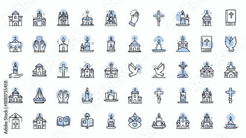 Religious icons and symbols for worship and spirituality on white background