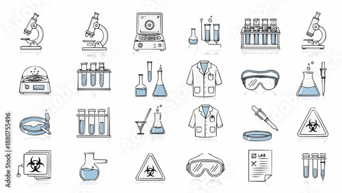 Lab equipment and science tools icons set with microscopes test tubes goggles lab coats